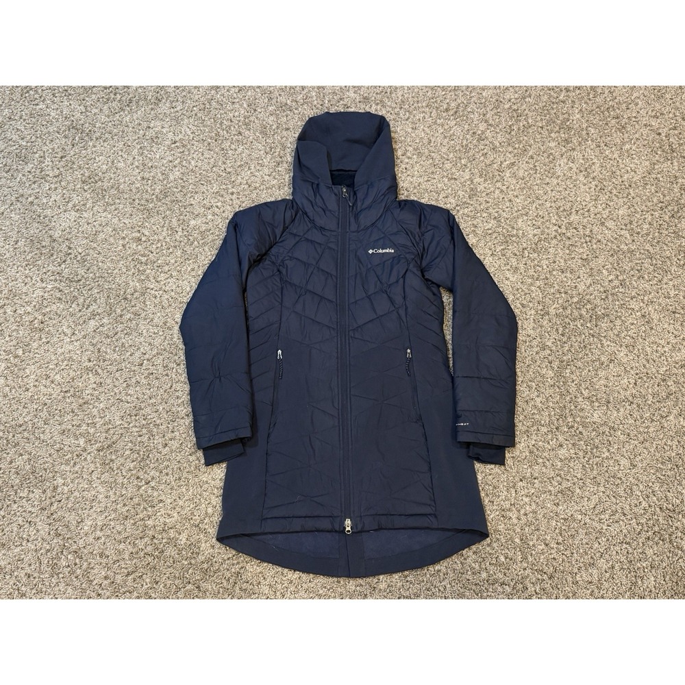 Columbia Heavenly Long Hooded Jacket Womens Med Navy Blue Omni Heat Puffer Coat